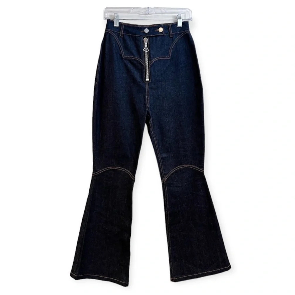 Ellery Dark Wash Denim Contrast Stitch High Waist Boho Designer Flare Jeans 27